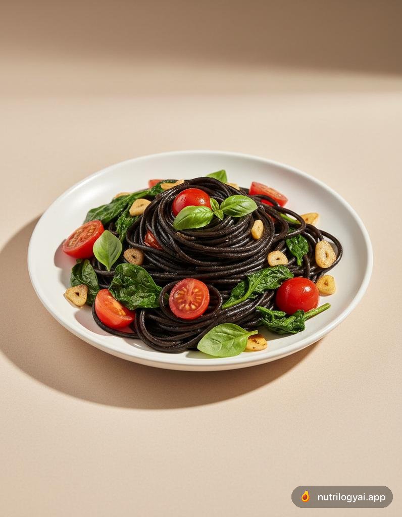 Schwarzbohnenspaghetti mit Knoblauch und Tomaten
