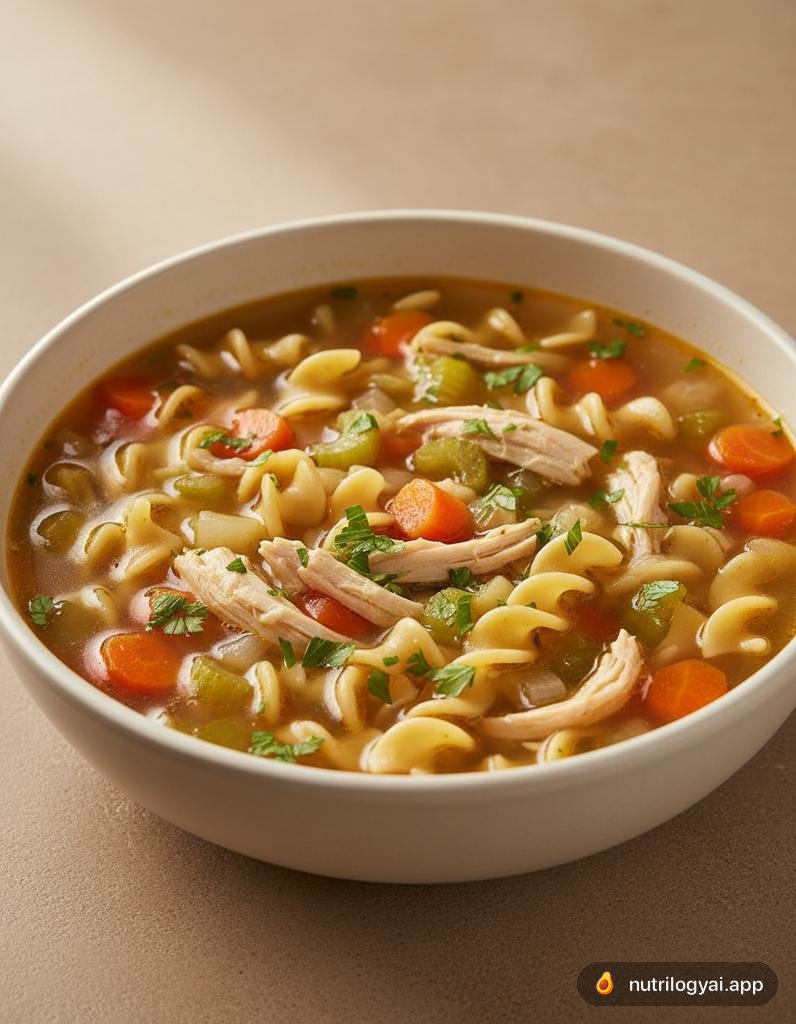Sopa de pollo con fideos
