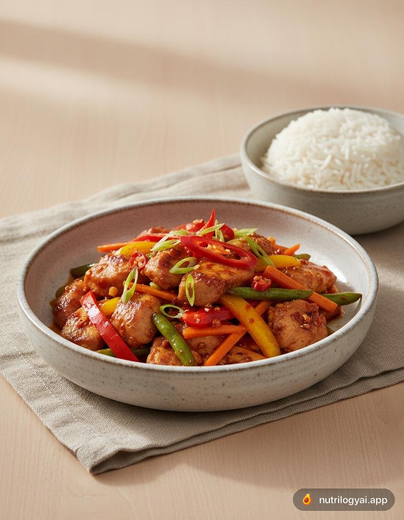 Nasi Paprik (Würziger gebratener Reis mit Hühnchen)